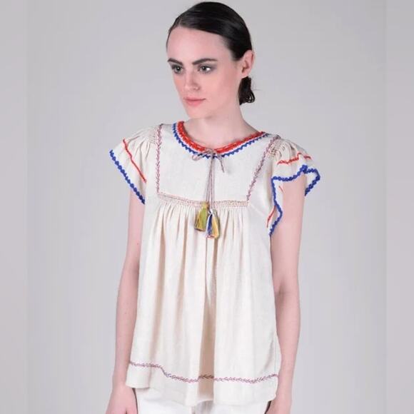 Ulla Johnson Katya Natural Crochet Embroidered Red Blue Ivory Silk Knit Blouse 2 - Picture 4 of 15